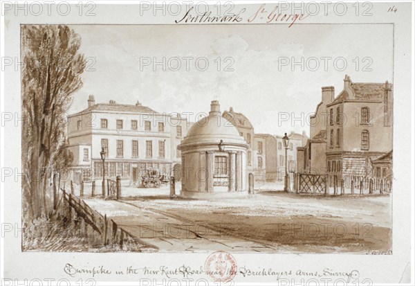 Turnpike in the New Kent Road near the Bricklayers' Arms Inn, Southwark, London, 1828. Artist: John Chessell Buckler