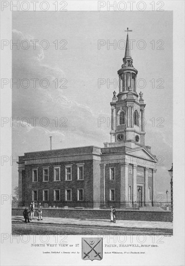 North-west view of St Paul's Church, Shadwell, London, 1825. Artist: Thomas Dale