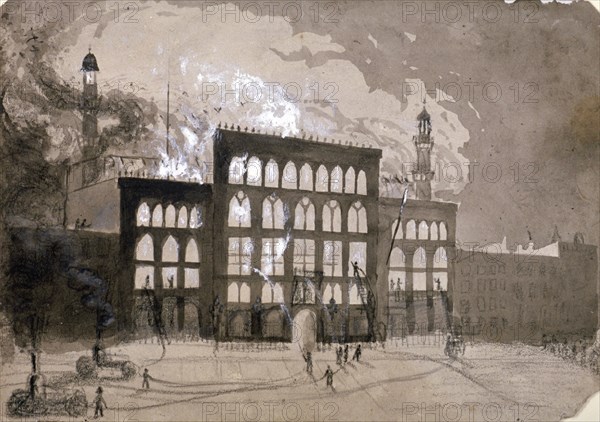 Fire at the Alhambra Theatre, Leicester Square, London, 1882 (1883). Artist: William Dickes