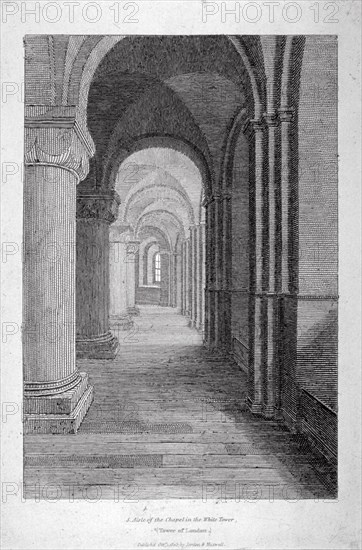 Interior view of the south aisle of St John's Chapel in the White Tower, Tower of London, 1805. Artist: Anon