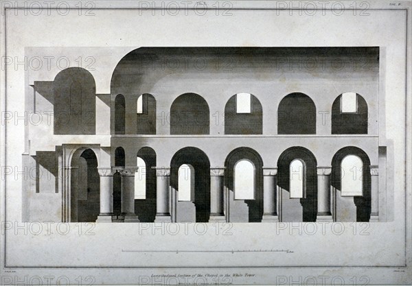 Longitudinal section of St John's Chapel in the White Tower, Tower of London, 1815. Artist: James Basire II