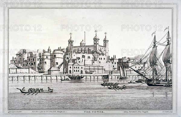 South view of the Tower of London with boats on the River Thames, 1795. Artist: Joseph Constantine Stadler