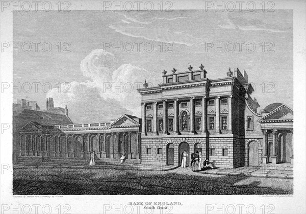 View of the south front of the Bank of England, City of London, 1814. Artist: James Stewart