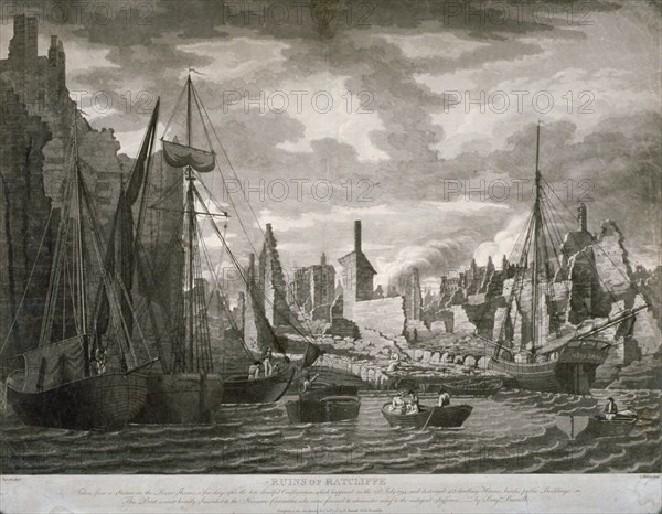 View of the Ratcliffe area, London, showing the ruins after the fire of 23 July, 1794. Artist: Benjamin Burnell