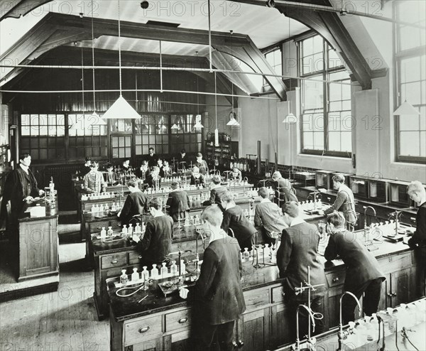 Boys in a chemistry laboratory, Hackney Downs School, London, 1911. Artist: Unknown.