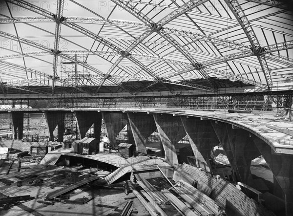 Dome of Discovery under construction, Festival of Britain, South Bank, Lambeth, London, 1950