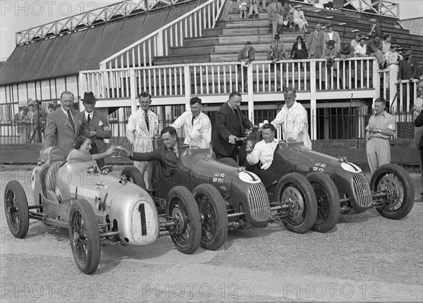 Austin 7 works team, Brooklands 1937. Artist: Bill Brunell.