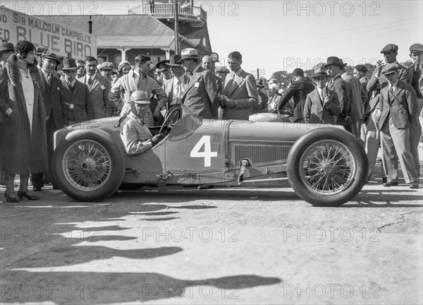 Earl Howe in his Delage GP at the BARC Meeting, Brooklands, 25 May 1931. Artist: Bill Brunell.