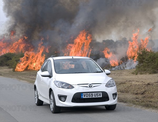 2010 Mazda 2 Sport, controlled burning in New Forest Artist: Unknown.