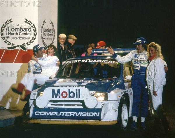 1986 RAC Rally. Tony Pond and Rob Arthur celebrate finishing 6th in MG Metro 6R4 Artist: Unknown.