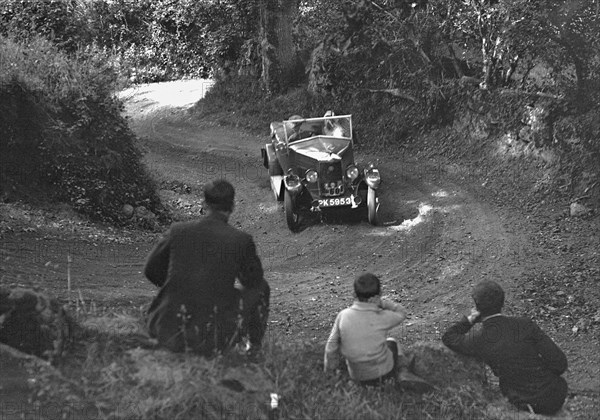 Riley of CJS Montague-Johnson, B&HMC Brighton-Beer Trial, Simms Hill, Ilsington, Devon, 1930. Artist: Bill Brunell.