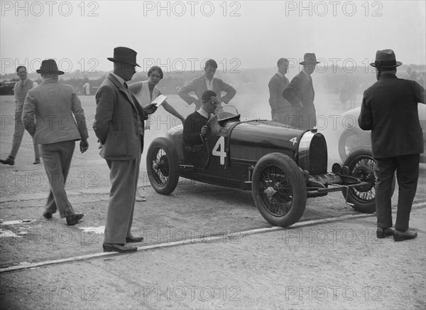 Bugatti at a Surbiton Motor Club race meeting, Brooklands, Surrey, 1928. Artist: Bill Brunell.