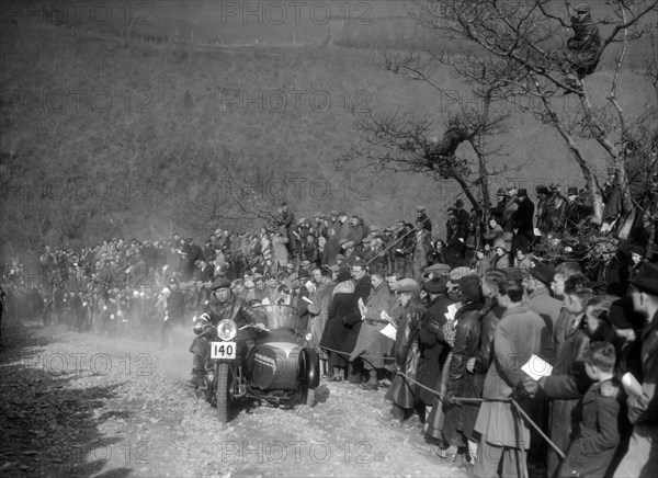 748 cc BSA and sidecar of HJ Finden at the MCC Lands End Trial, Beggars Roost, Devon, 1936. Artist: Bill Brunell.