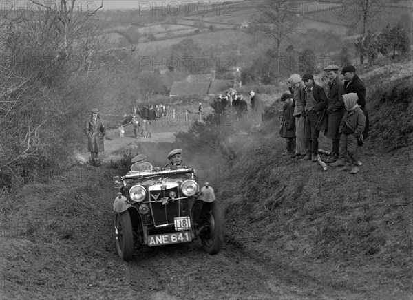 MG PA of JH Clent competing in the MG Car Club Midland Centre Trial, 1938. Artist: Bill Brunell.