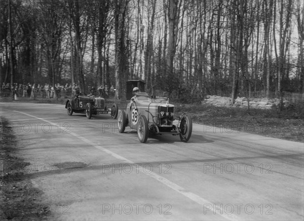 MG Magnette leading a Frazer-Nash Shelsley at Donington Park, Leicestershire, 1930s. Artist: Bill Brunell.