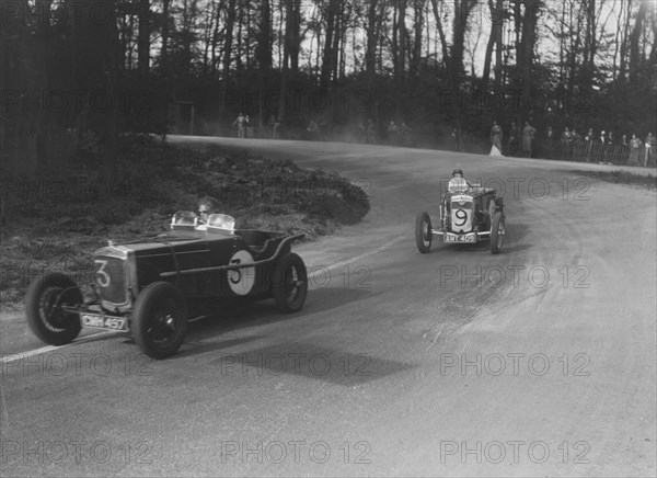 Two Frazer-Nash cars racing at Donington Park, Leicestershire, 1930s. Artist: Bill Brunell.