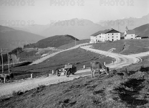 BSA 3-wheeler competing in the International Six Days Trial, Italian Tyrol, early 1930s. Artist: Bill Brunell.