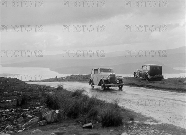 Austin sports saloon of Mrs MS Flewitt competing in the RSAC Scottish Rally, 1934. Artist: Bill Brunell.