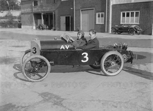 Reginald Empson in his AV at the JCC 200 Mile Race, Brooklands, Surrey, 1921. Artist: Bill Brunell.