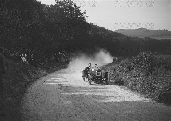 Raymond Mays' Bugatti competing in a JCC hillclimb, South Harting, Sussex, 1922. Artist: Bill Brunell.