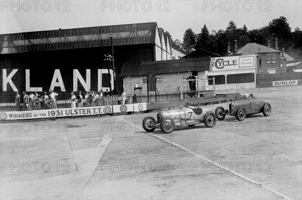 Harker Special of WE Harker and Bugatti Type 37 of John Appleton, BARC meeting, Brooklands, 1933. Artist: Bill Brunell.