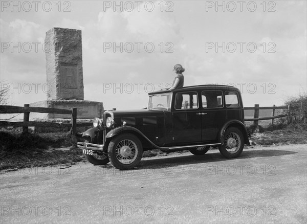 Standard Sixteen saloon beside the Cricket Monument, Hambledon, Hampshire, 1930s Artist: Bill Brunell.