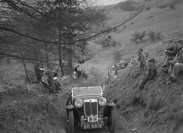 MG Magna of MWB Fraser competing in the MG Car Club Abingdon Trial/Rally, 1939. Artist: Bill Brunell.