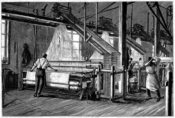 Weaving shed fitted with Jacquard power looms, c1880. Artist: Unknown