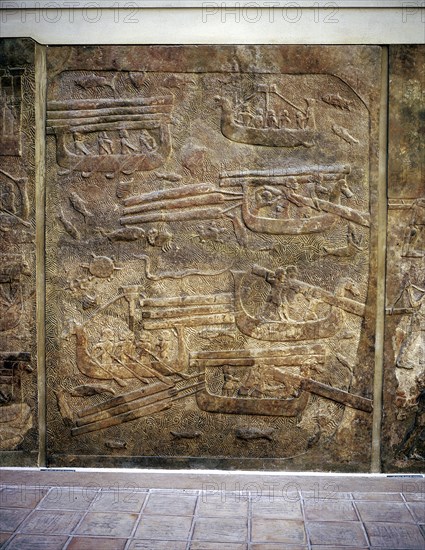 Assyrian relief showing transport of timber from Lebanon by water, Khorsabad, c8th centBC. Artist: Unknown
