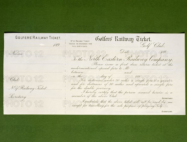 Golfers Railway Ticket, for North-Eastern Railway, Britain, c1890s. Artist: Unknown