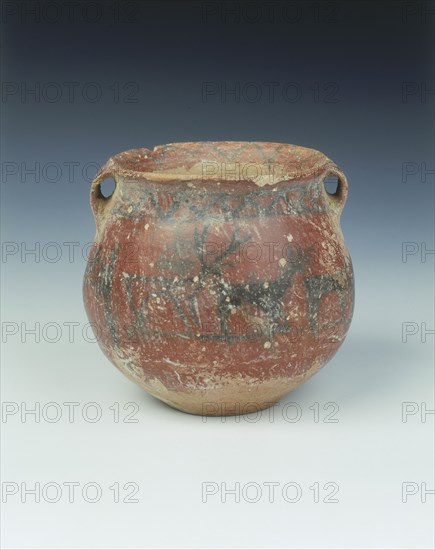 Ochre red slipped pottery jar with deer and archer, Karuo culture, China, c2300-c1800 BC. Artist: Unknown