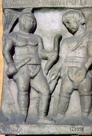 Roman relief of gladiators, 3rd century. Artist: Unknown