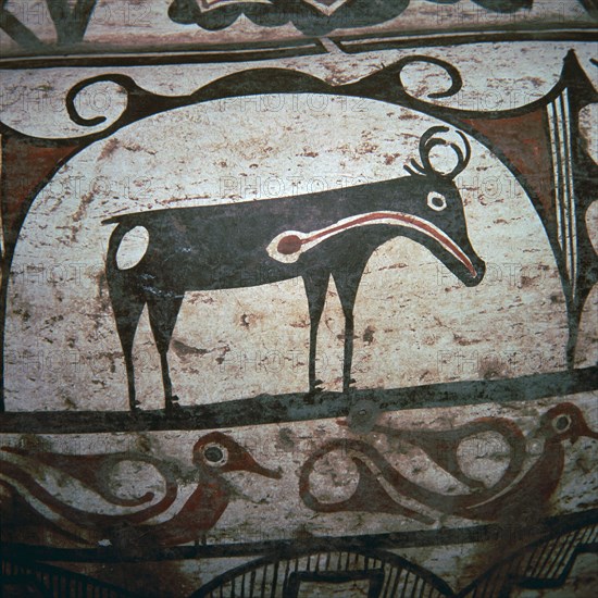 Detail of Zuni tribe Native American hunting magic on pottery. Artist: Unknown