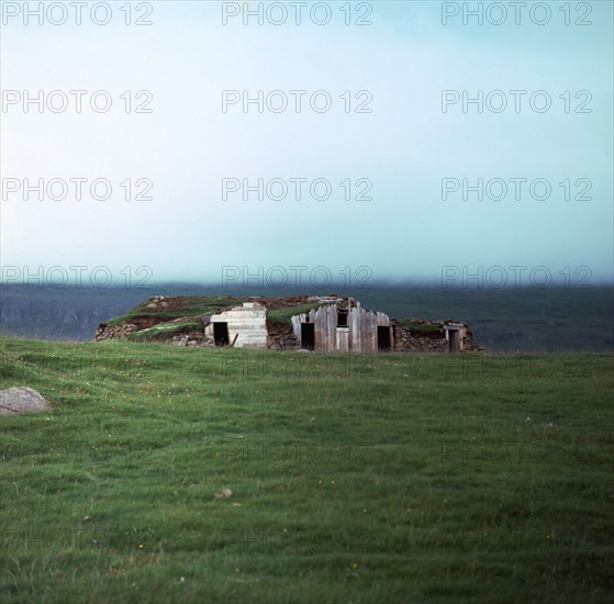 Old Viking-style Icelandic turf farm. Artist: Unknown