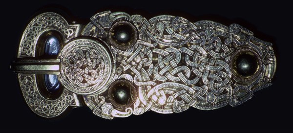 Gold belt buckle fom the ship-burial at Sutton Hoo, Suffolk, early 7th century.