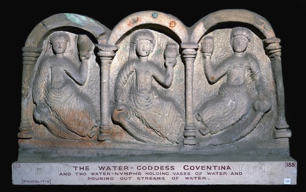 Stone relief showing the water-goddess Coventina, 2nd century. Artist: Unknown