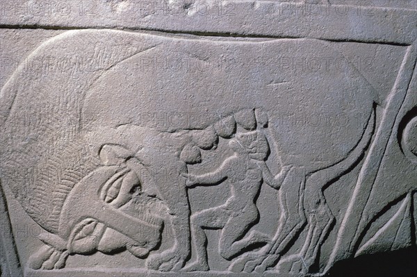 Etruscan grave-slab showing a man being suckled by a beast, 5th century. Artist: Unknown