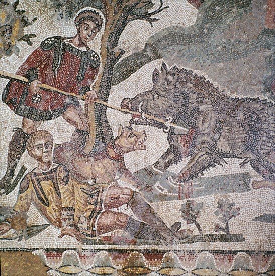 Detail of a Roman floor mosaic showing a boar hunt, 3rd century. Artist: Unknown