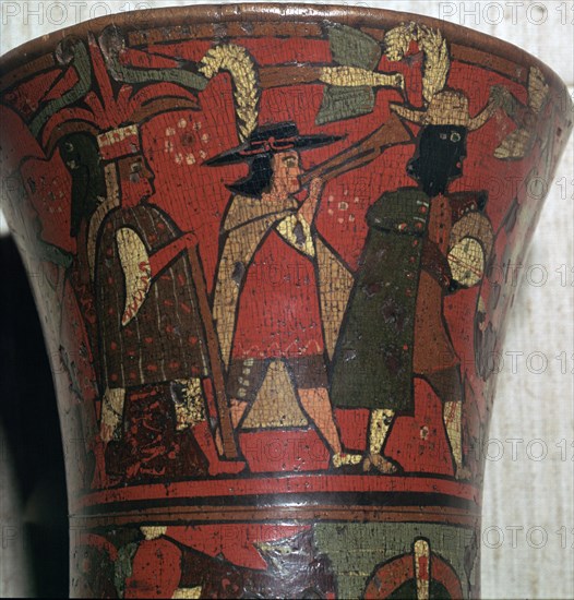 Incan beaker showing Spaniards and Peruvians, c.17th century. Artist: Unknown