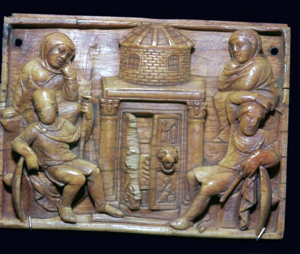 Byzantine ivory panel showing the tomb of Jesus on Easter morning, 5th century. Artist: Unknown