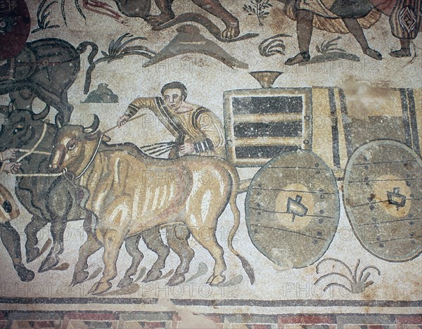 Roman mosaic of a bullock cart, 3rd century. Artist: Unknown