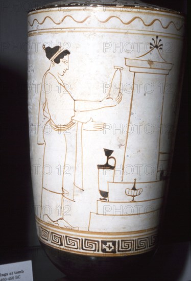 Greek Vase Painting, Woman with Offerings at a Tomb, 460-450 BC.