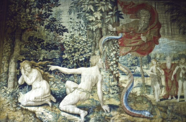 Florence. Adam and Eve after the Fall, Brussels Tapestry, 1548, (20th century) Artists: Pieter Coecke van Aelst, Jan de Kempeneer.