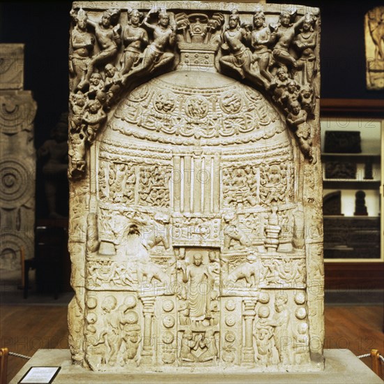 Buddhist Stupa with figures of Buddha adored by flying deities, 2nd century. Artist: Unknown.