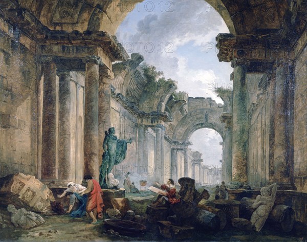 'Imaginary View of the Grand Gallery of the Louvre in Ruins', 1796. Artist: Robert Hubert