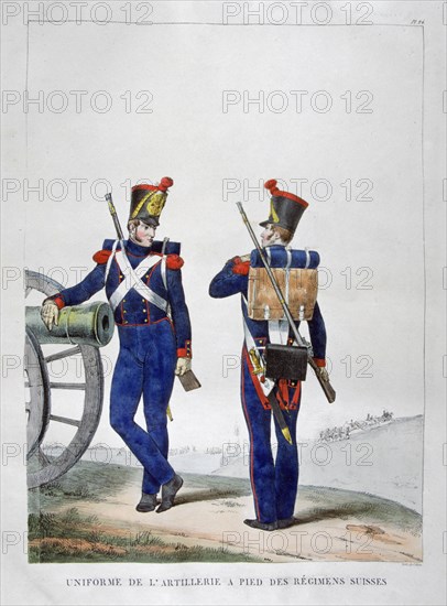 Uniforms of a Swiss artillery regiment, 1823.  Artist: Charles Etienne Pierre Motte