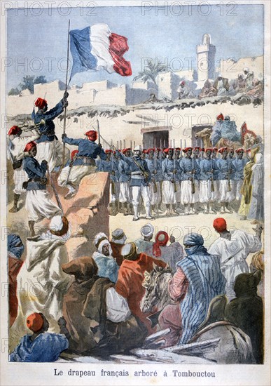 The raising of the French flag at Timbuktu, 1894. Artist: Frederic Lix