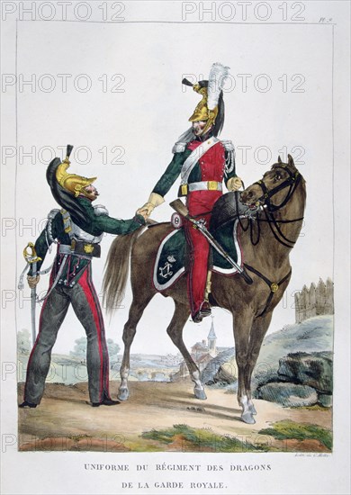 Uniform of a regiment of dragoons of the royal guard, France, 1823.  Artist: Charles Etienne Pierre Motte