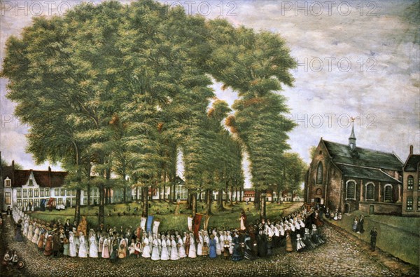 'A Procession in Bruges at the End of the 19th Century,' 19th century. Artist: Unknown