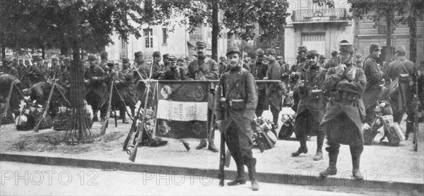 Troops and flag of the French 102nd infantry, Saint-Francois-Xavier, Paris, France, August 1914. Artist: Unknown